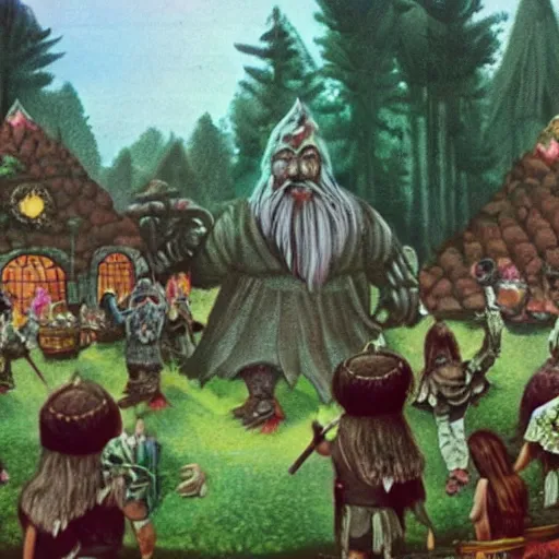 Image similar to a beatiful dwarven festival in 1974 in a fertile green park with surreal elven nature, a gnome rock band concert and dwarven BBQ