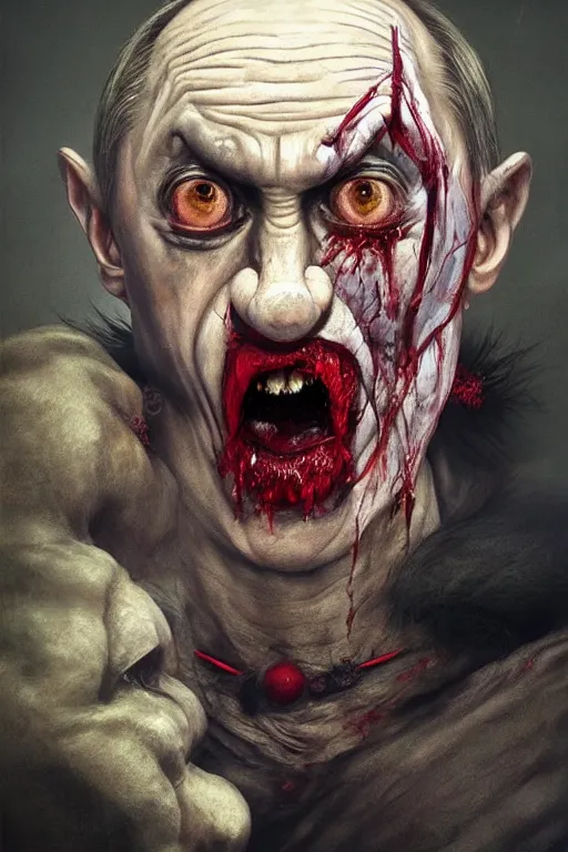 Prompt: photorealistic portrait photograph of vladimir putin as a pathetic goblinoid demon clown, kobold, upper body, fantasy, bloody, depth of field, soft focus, highly detailed, intricate, realistic, national geographic cover, soft glow, textured, artstation, concept art, sharp focus, illustration, art by artgerm and greg rutkowski and alphonse mucha