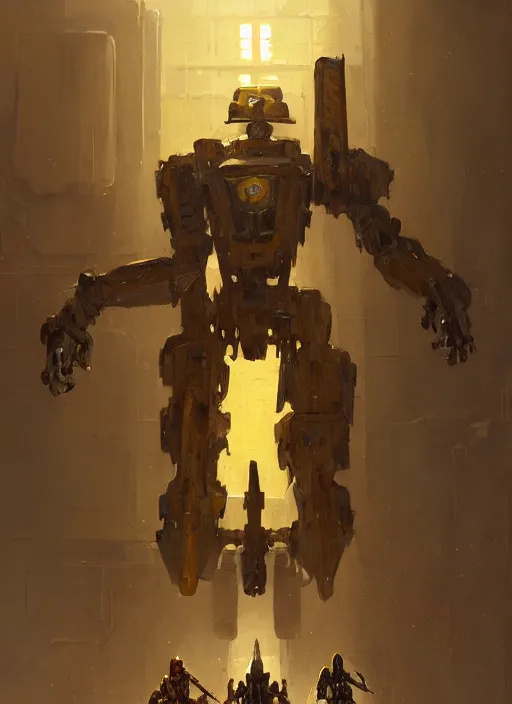 Image similar to human-sized strong intricate yellow pit droid carrying very detailed perfect antique great sword and beautiful large paladin shield, pancake short large head, exposed metal bones, painterly humanoid mecha, slightly far away, by Greg Rutkowski epic glorious trending on Artstation