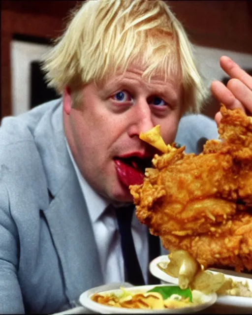 Image similar to film still close - up shot of boris johnson eating fried chicken from the movie monty python's the meaning of life. photographic, photography