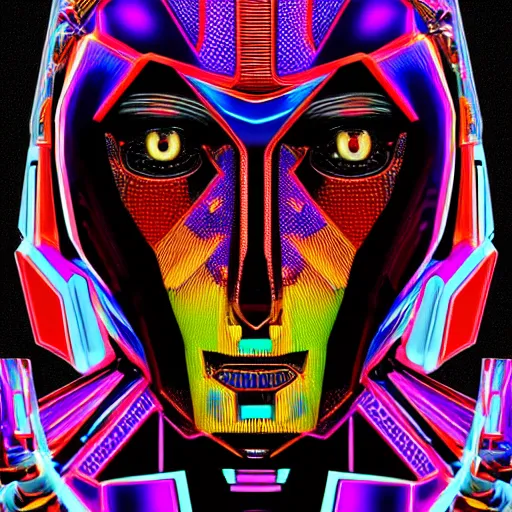 Image similar to hyperdetailed portrait of a cyberpunk aztec futurism robot head, 8 k, symetrical, flourescent colors, halluzinogenic, multicolored vector art, black background