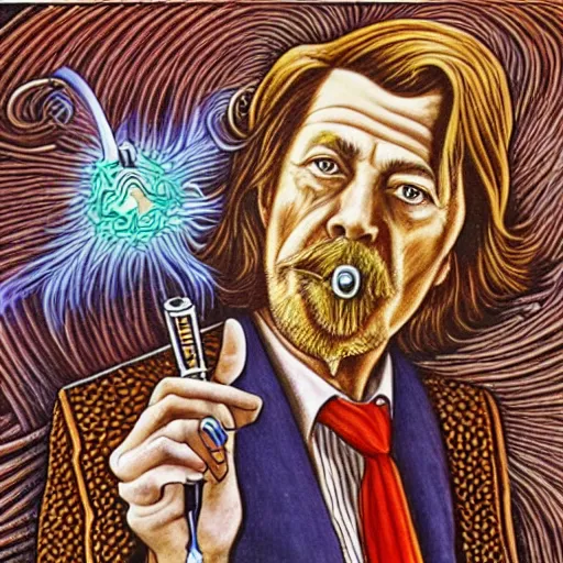 Image similar to Alan watts Smoking a pipe, drawn by alex grey