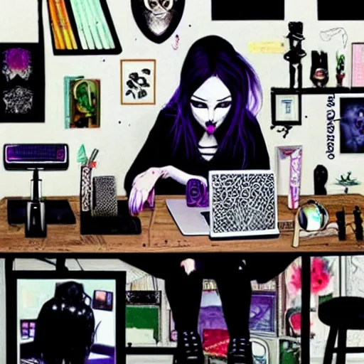 Image similar to goth guy sitting at computer in cluttered room, by harumi hironaka, aesthetic!!!, detailed, realistic, hyper realism, small details, goth aesthetic,