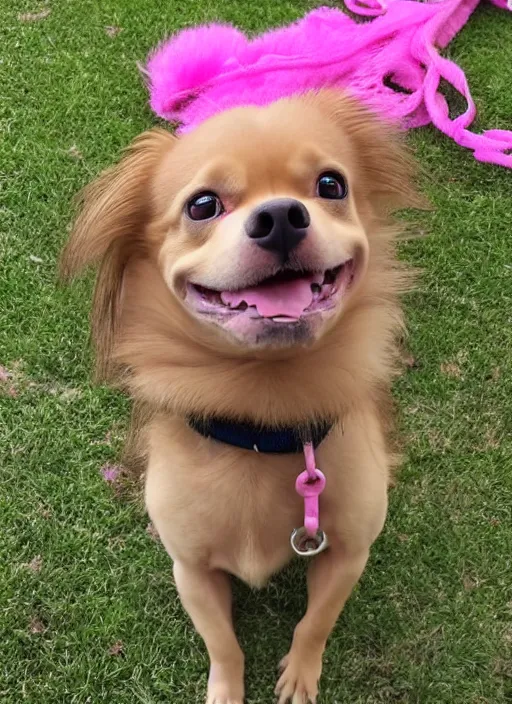 Image similar to fully grown tan pit bull, long - haired chihuahua, pomeranian mix, wearing a pink harness