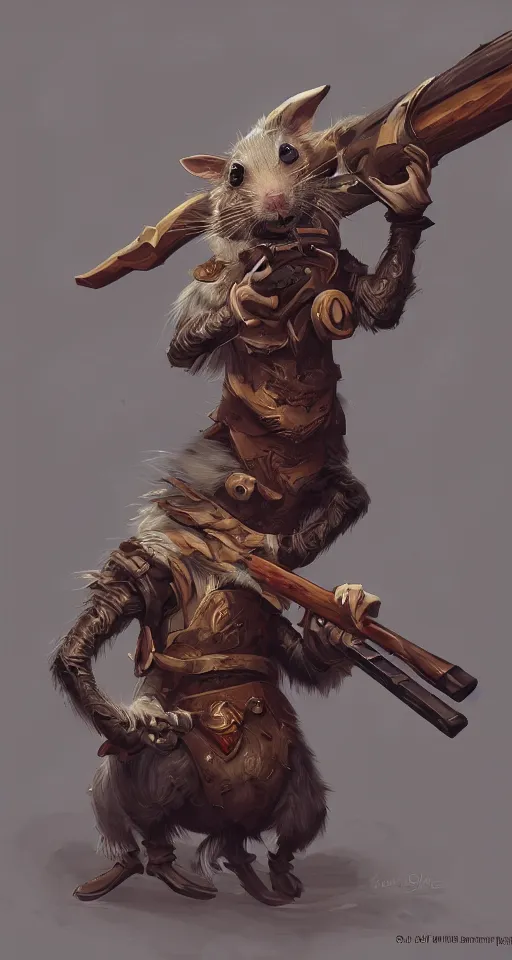 Image similar to illustration of a rat holding a wooden shotgun wearing a coat, dramatic standing, intricate, elegant, highly detailed, centered, digital painting, artstation, concept art, smooth, sharp focus, league of legends concept art, wlop