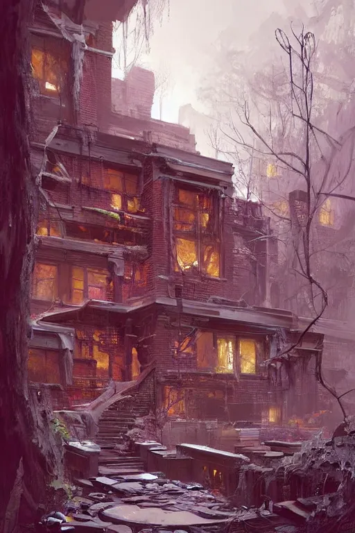 Image similar to (((((a ramshackle Manhattan brick brownstone deep in the forest))))) by Eddie Mendoza!!!!!!!!!!!!!!!!!!!!!!!!!!!