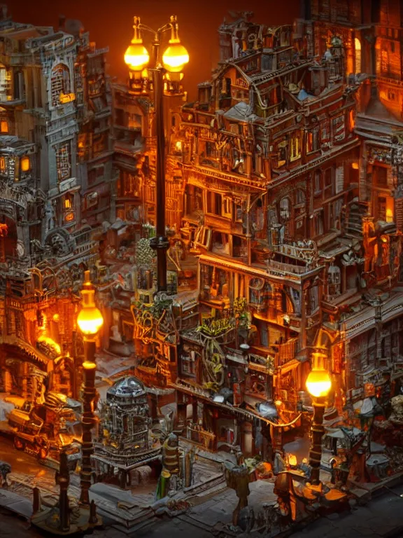 Image similar to mega detailed miniature voxel diorama steampunk workshop, victorian era, vintage architecture, clockwork technology, soft lights are on in the windows, dark night, fog, winter, blizzard, cozy and warm atmosphere, row of street lamps with demonic orange light, several ruins nearby, 1 8 5 0