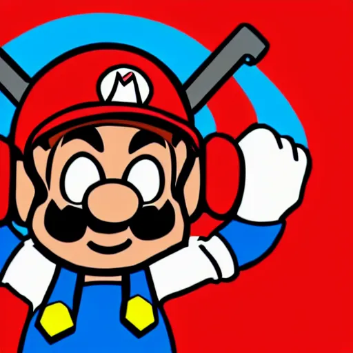 Image similar to svg sticker of a Pop-Wonder SuperMario, Mario-Wearing-a-red-hat, at a rave, spinning records, giant headphones rocking out, wearing headphones, huge speakers, dancing, rave, DJ, spinning records, digital art, amazing composition, rule-of-thirds, award-winning, trending on artstation, featured on deviantart