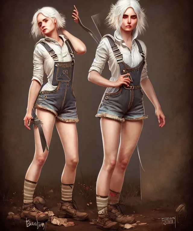 Image similar to full body pose, ciri, torn overalls, short shorts, combat boots, beautiful, highly detailed face!, extremely detailed!, digital painting, unreal engine 5, art by tom bagshaw