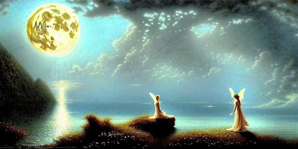 Image similar to an elegant fairy queen in a blue lace dress dancing looking out at a lord of the rings scenery landscape, staring across the sea at a white timber sail boat, evening, god's rays highly detailed, vivid colour, soft clouds, full moon, cinematic lighting, perfect composition, gustave dore, derek zabrocki, greg rutkowski, belsinski