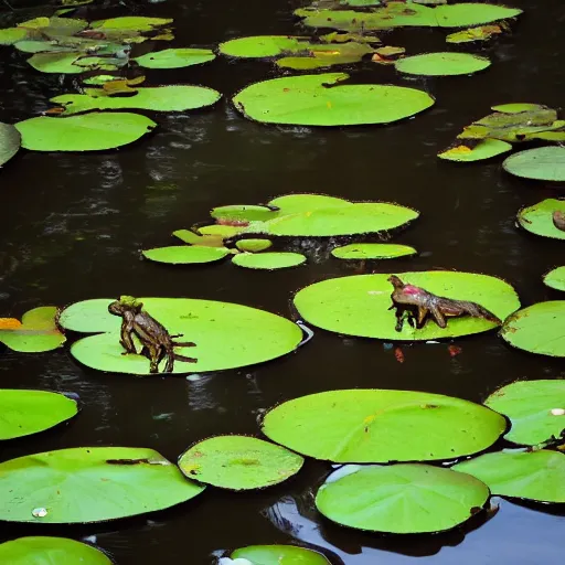 Prompt: Photo of a motorcycle with frogs riding on green water lilies