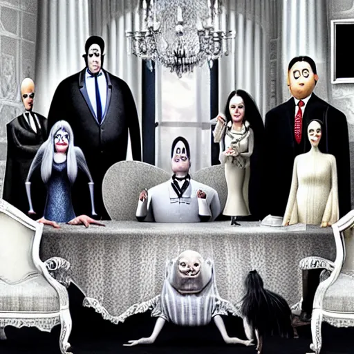 Prompt: The addams family in the white house