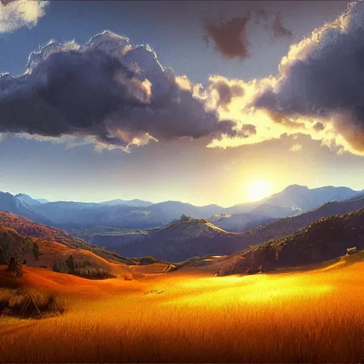 Prompt: a cinematic landscape view looking at an open field, mountains in the distance, the sun shines through the parted clouds, digital painting, fantasy, art by alexandre mahboubi