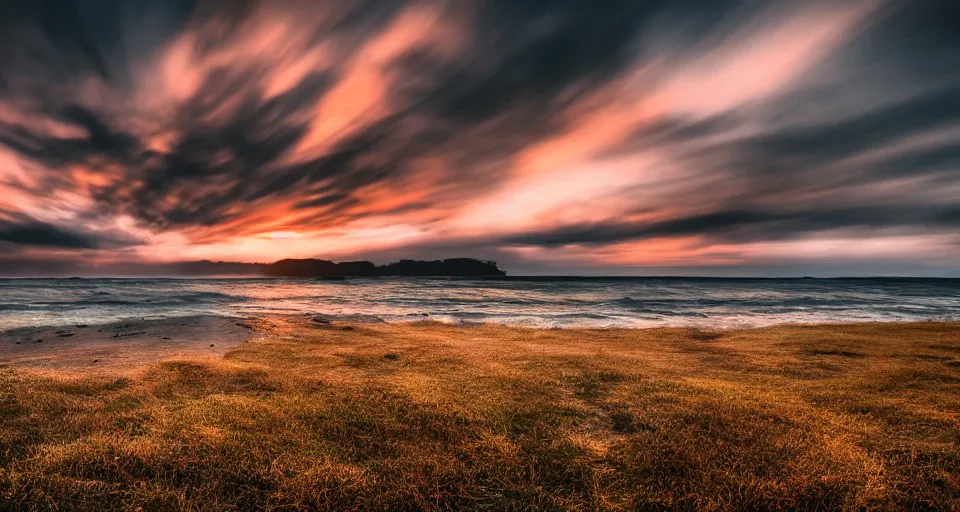 Image similar to beautiful landscape photography in sunset, 500px, award winning, moody