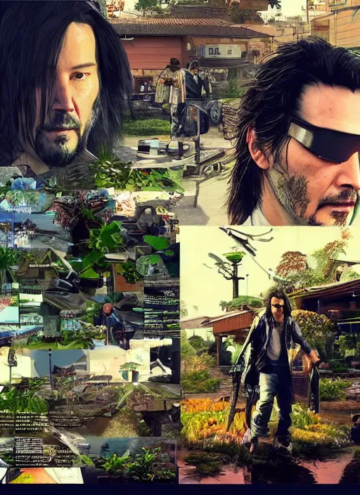 Image similar to wake up samurai we have a community to feed, solarpunk keanu reeves driving a tractor, cyberpunk 2 0 7 7, solarpunk, lots of plants, gardening, permaculture, anarchy, realistic, ultra detailed