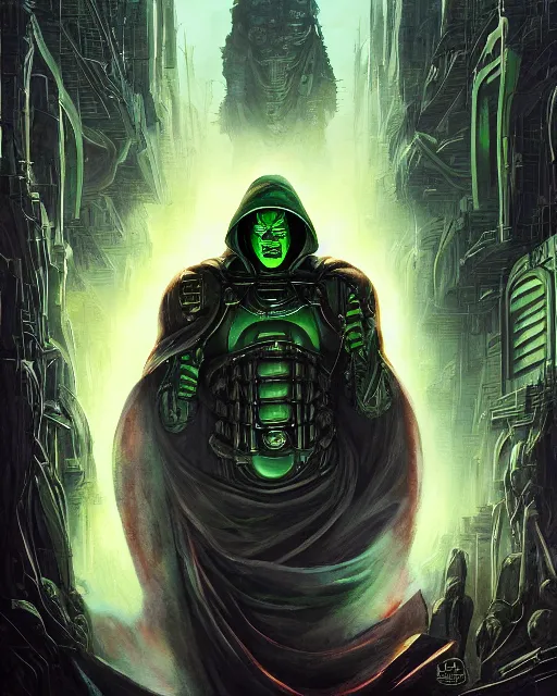 Prompt: dr. doom in a scifi city, by antonio j. manzanedo, giger, alex grey, android jones, wayne barlowe, philippe druillet, raymond swanland, cyril rolando, josephine wall, harumi hironaka, trending on artstation