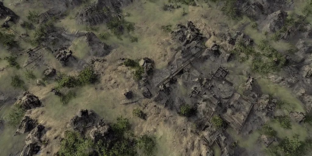 Image similar to grimdark aerial map of the trenches, unreal engine, 8 k, ultra realistic, ultra detail