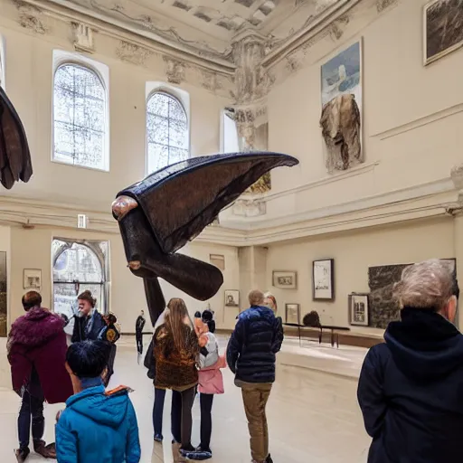 Image similar to visitors in museum amazed by the sculpture of a winged pig, 9 0 - s