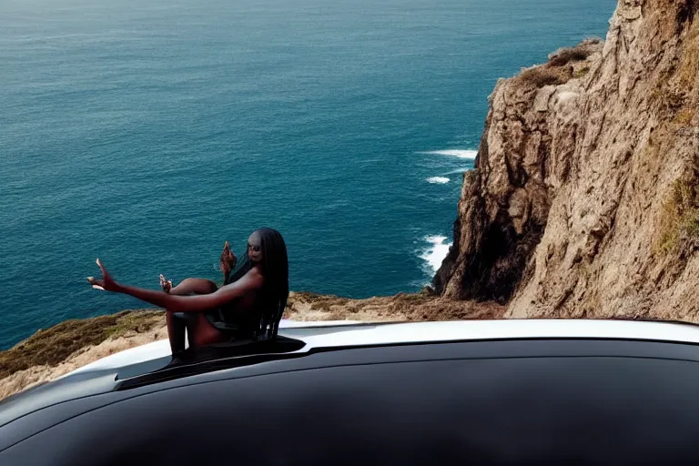 Image similar to photo of a gorgeous black model sitting on a Tesla on a cliff on the ocean By Emmanuel Lubezki