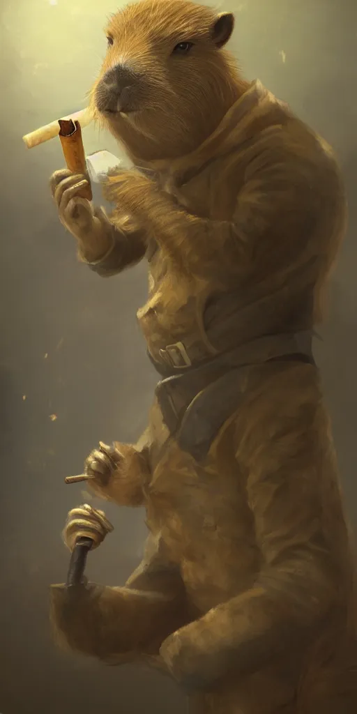 Image similar to oil painting of anthropomorphized capybara smoking a cigar, detective clothes, close shot, full body, dark steampunk mine shaft background, sharp focus, fantasy style, octane render, volumetric lighting, 8k high definition, highly detailed, trending on art Station, dungeons and dragons artwork, centered