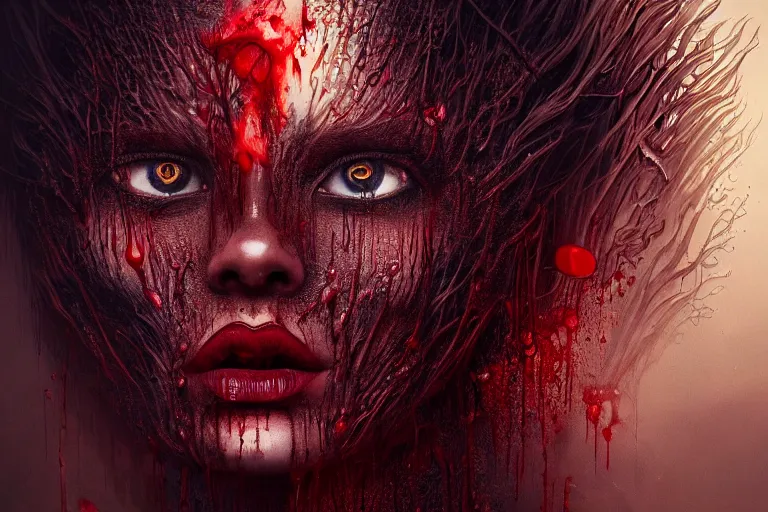 Image similar to surreal Portrait of beautiful seductive Dark demonic godeness of destruction and war covered in blood in dmt chromatic surreal liquid enviroment , elegant, highly detailed, smooth, photoreal, sharp focus, illustration, beautiful, geometric, dmt trending on artstation, cinematic, artwork by WLOP