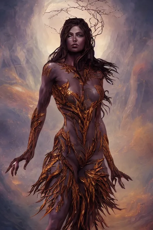 Prompt: fantasy character concept portrait, digital painting, wallpaper of a dryad of the earth, with skin of obsidian, with veins of magma and gold, renaissance nimbus overhead, by aleksi briclot, by laura zalenga, by alexander holllow fedosav, 8 k dop dof hdr, vibrant