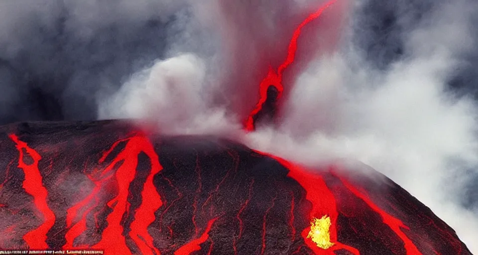 Image similar to a volcano made of ivory vines and crimson rocks enters in eruption, it spits a smoke in the shape of demonic eye, from One piece