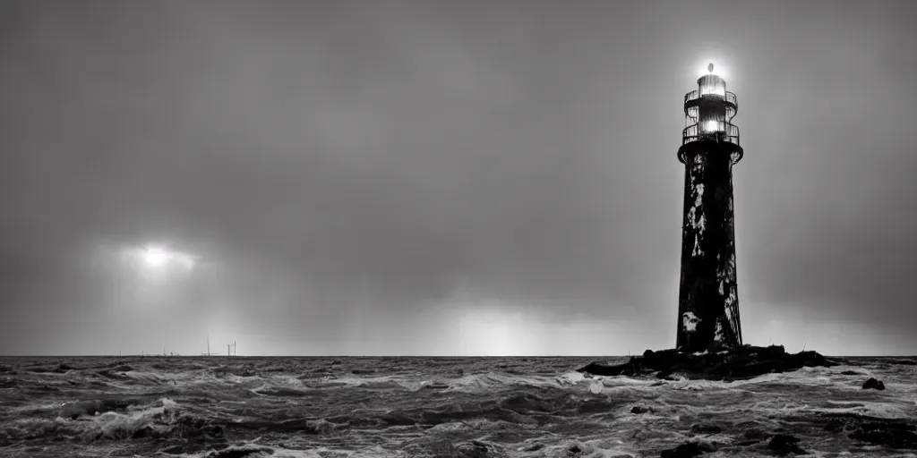 Image similar to Eerie tall dilapidated light house at night, storm raging, worn, rusted, falling apart