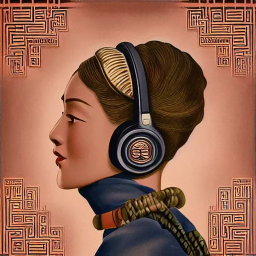Prompt: intricate, amazing, art deco, retro vintage, painting by natelle quek, soft color palette, highly detailed, godess with headphones from space sci - fi of ancient religion