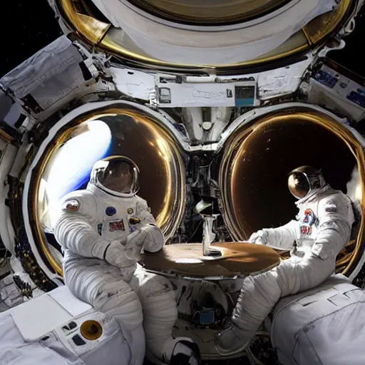 Prompt: two astronauts having a cup of tea with a table between them, floating in space, realistic photography