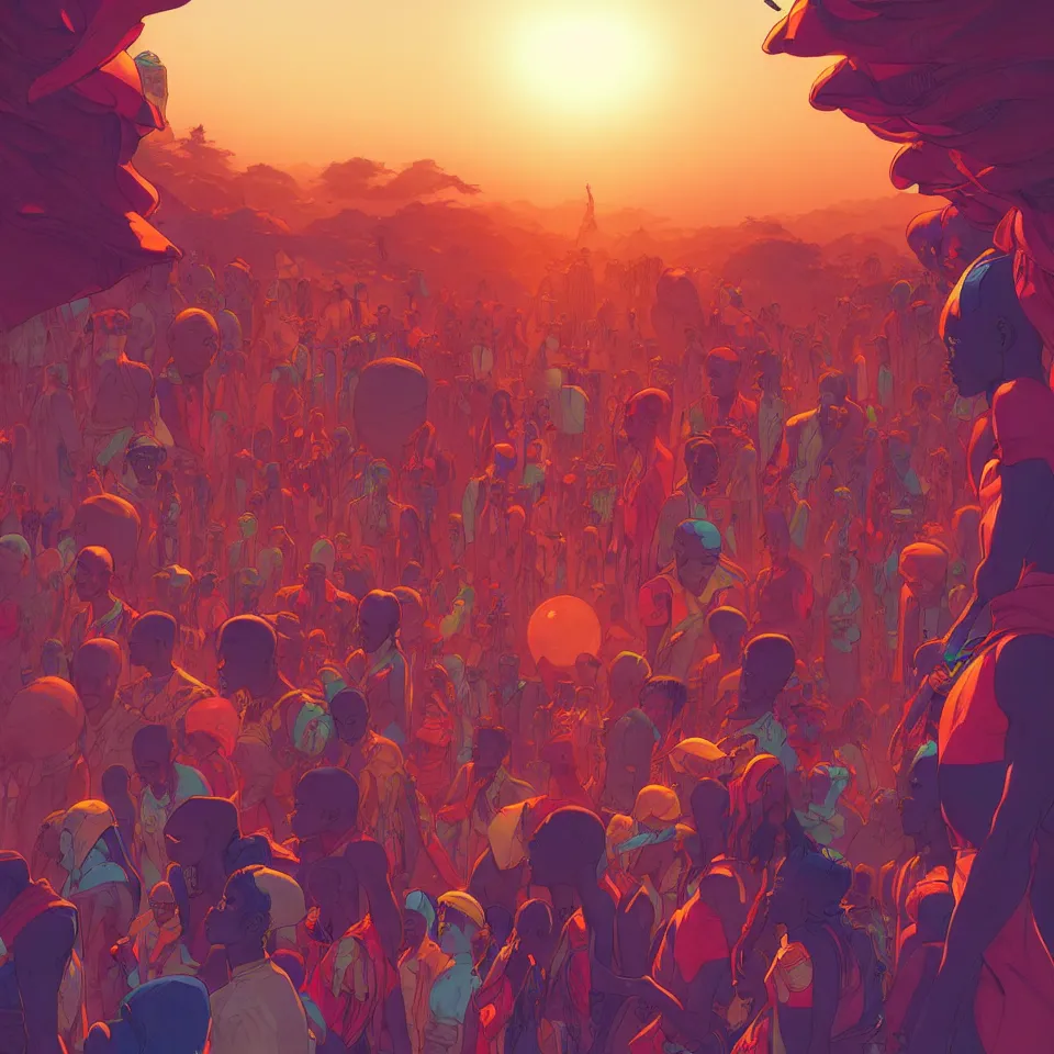 Prompt: a comic book style illustration of an african festival by moebius and makoto shinkai and rossdraws, ornate, lights, cosmic, featured on artstation, pixiv, volumetric lighting, 8 k, highly detailed render, octane render, unreal engine, soft glow, crisp lines, f 1 1, sharp focus,