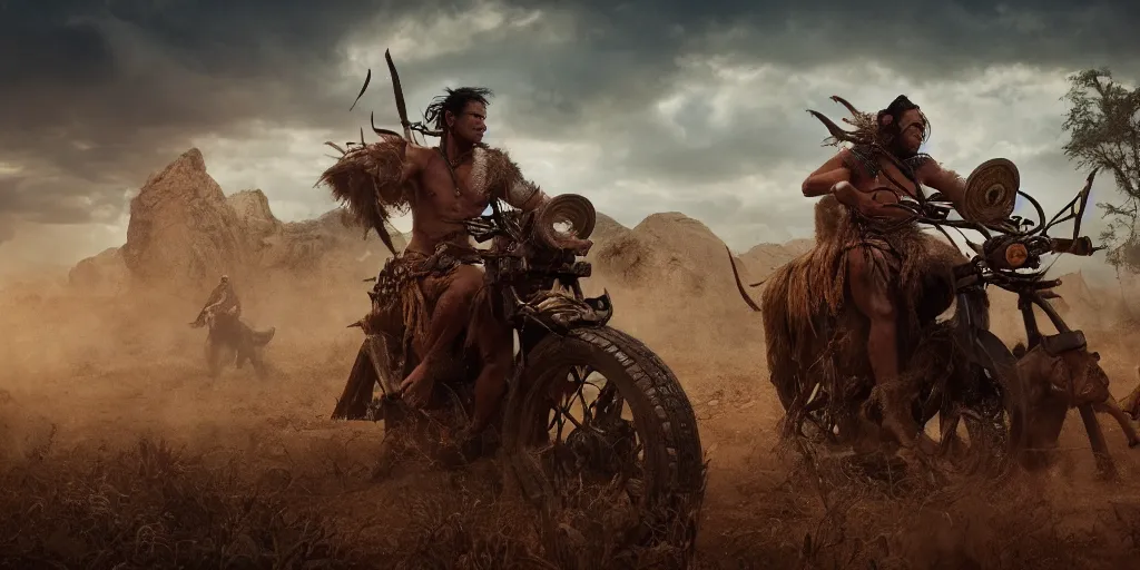 Prompt: an ancient tribesman driving an ancient motorcycle, hunting bisons ,attacking, chase, action scene, an epic fantasy, dramatic lighting, cinematic, establishing shot, extremely high detail, photorealistic, cinematic lighting, artstation, octane render, western,old photo, vintage