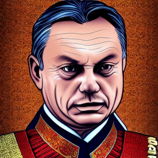 Prompt: id photo of a viktor orban in emperor outfit, art by osamu kitamura