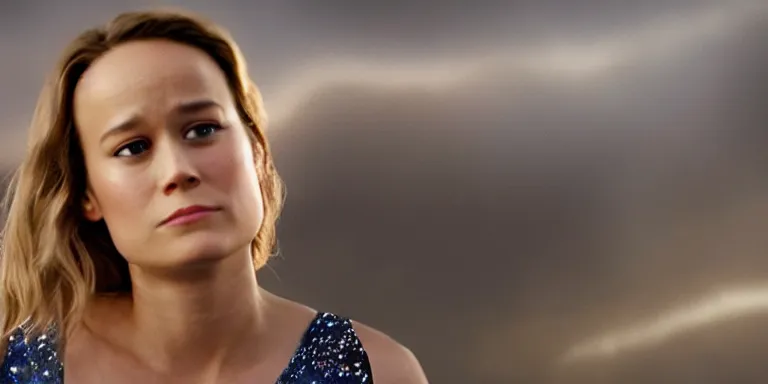 Prompt: film still of curvy brie larson, focus on facial - detail!!!!!!, walking on an invisible bridge, similar to the bifrost, toward an endless abyss in space, wearing a white flowy bikini inspired by ancient roman clothing, beautiful astronomical background with galaxies and nebulas, lack of sunlight, 8 k resolution, cinematic lighting, anatomically correct, by christopher nolan