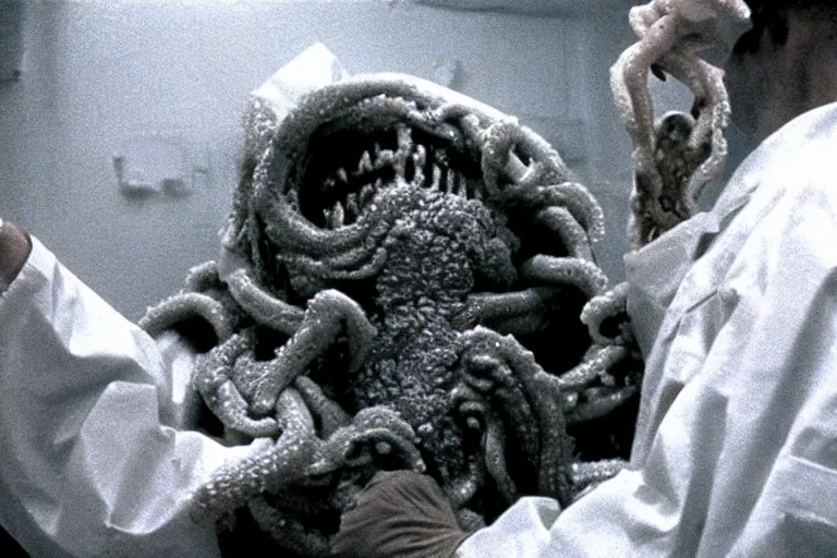 Image similar to scary intense grotesque disgusting filmic wide shot angle movie still 35mm film color photograph of a shape shifting horrific nightmarish abstract alien organism spewing toxic spined tentacles made out of flesh strangling a doctor wearing a lab coat and surgical mask in the style of a horror film The Thing 1982