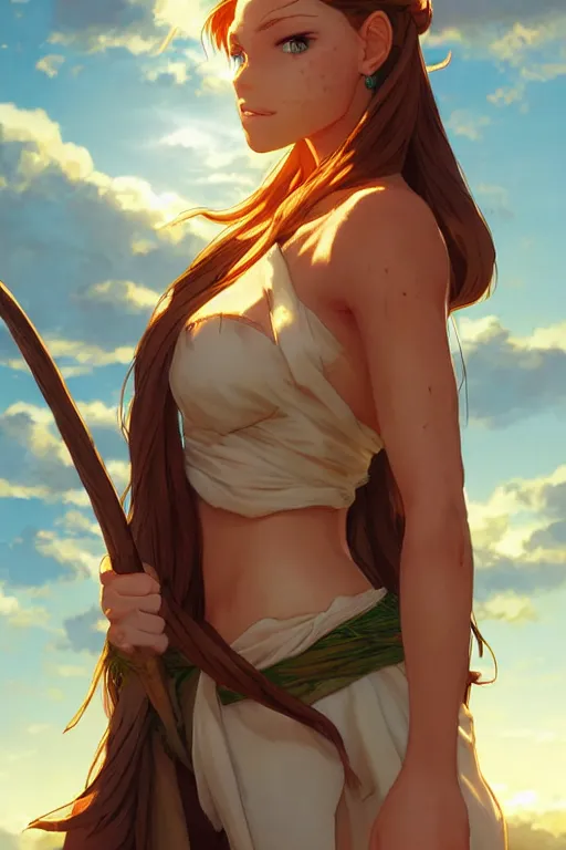 Image similar to long ginger hair, tanned woman in a prehistoric outfit, green eyes, by artgerm, hair tied in a ponytail, white backdrop, soft lighting, blue colors, by greg rutkowski makoto shinkai takashi takeuchi