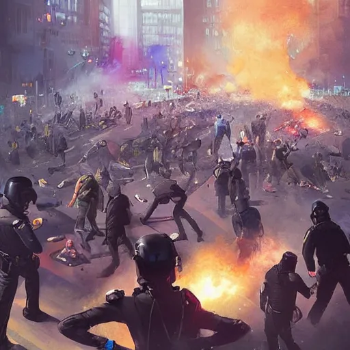 Prompt: protesters clashing with police, detailed digital illustration by greg rutkowski, android netrunner