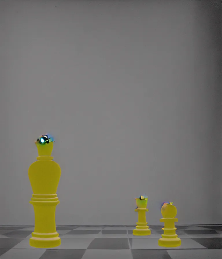 Prompt: minimal realistic textured chess - piece readymade by marcel duchamp in a museum, color bleed, light leak, marcel duchamp, man ray, hito steyerl, saadane afif, underexposed neon