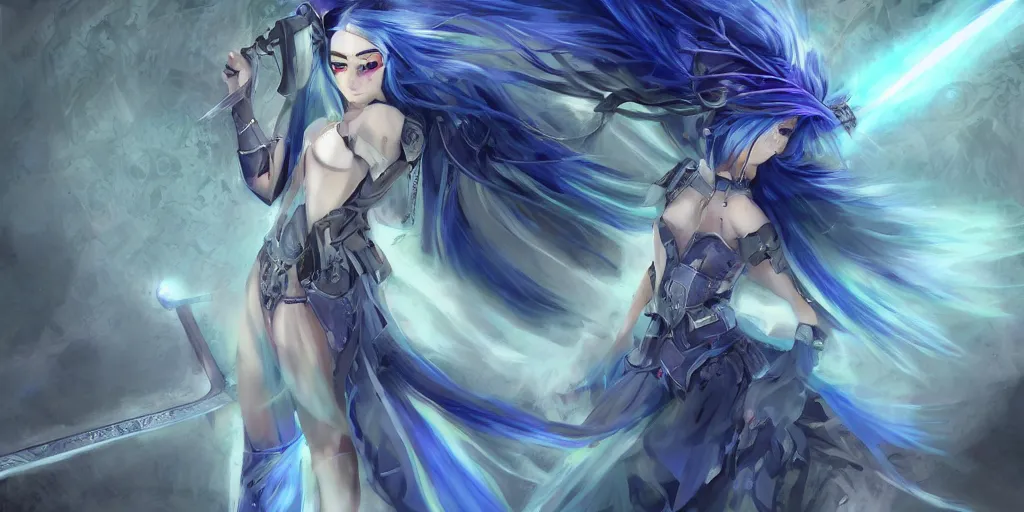 Prompt: the beautiful girl's blue hair dances with electricity, her sword a blade made of light. she gazed upon the horde of monster in front of her fearlessly, with the elegance of a true knight, digital art