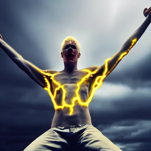 Prompt: A terrifying blue eyed blond pale white god floating with his arms up, his eyes glowing red, casually dressed, his whole body glowing yellow ominously. Shot from below, photorealistic, ominous and apocalyptic dark sky.