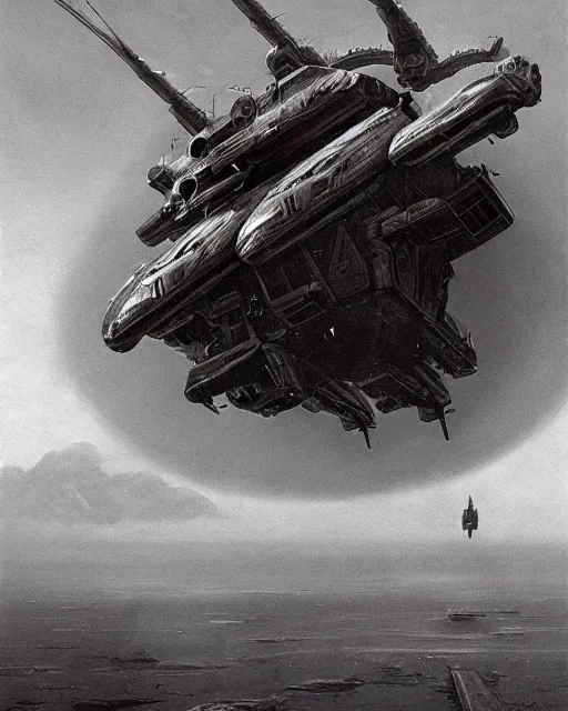 Prompt: alien gunship flying over small town, vintage old, retrofuturism sci - fi old movie, highly detailed, photorealistic, 8 k, by beksinski and stalenhag