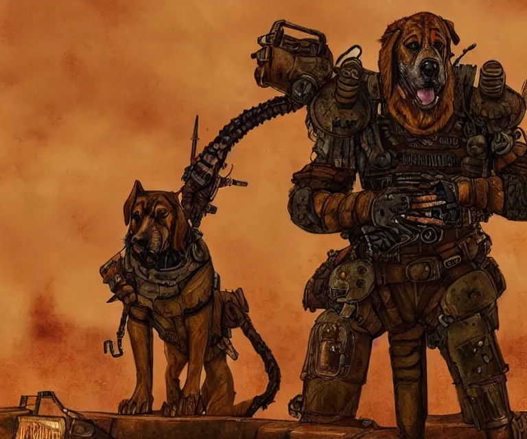 Image similar to a good ol'bloodhound dog fursona ( from the furry fandom ), heavily armed and armored facing down armageddon in a dark and gritty version from the makers of mad max : fury road. witness me.