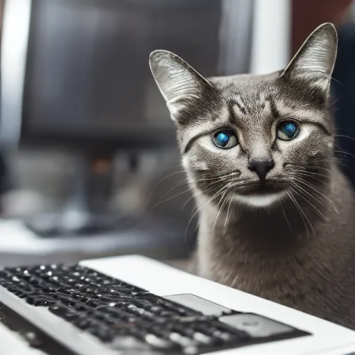 Image similar to cat working at a computer, photo, 8k.