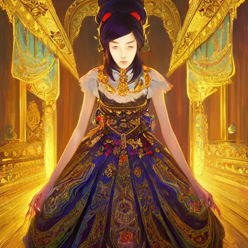 Prompt: beautiful girl in ornate clothing by ross tran, in a royal theatre, painted by sana takeda, reflections, very high intricate details, painting by liu xiaodong, digital anime art, medium shot, mid - shot, composition by ilya kuvshinov, backlit, lighting by greg rutkowski