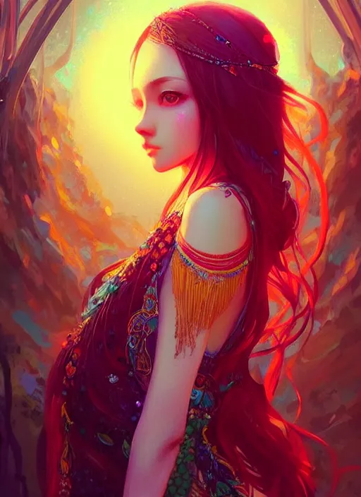 Image similar to “a beautiful bohemian girl, intricate, highly detailed, digital painting, Pixiv, Artstation, official media, anime key visual, concept art, rich vivid colors, ambient lighting, sharp focus, illustration, art by WLOP”