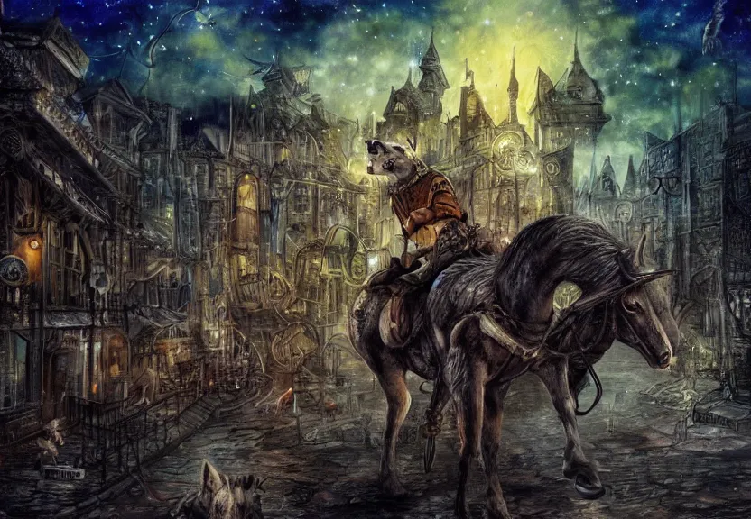 Image similar to possum riding a horse through a steampunk city at night under a dark starred sky, dark fantasy, digital art, watercolor, high detail, dreaming illusion