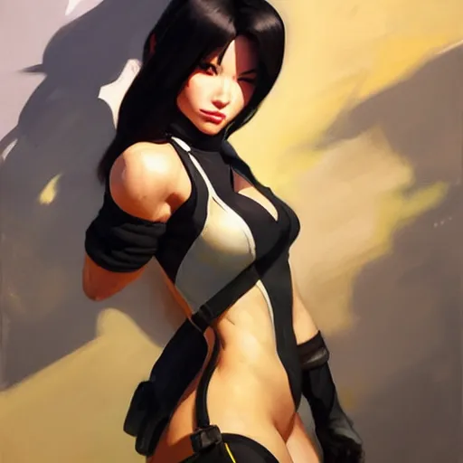 Image similar to Greg Manchess portrait painting o Tifa Lockheart as Overwatch character, medium shot, asymmetrical, profile picture, Organic Painting, sunny day, Matte Painting, bold shapes, hard edges, street art, trending on artstation, by Huang Guangjian and Gil Elvgren and Sachin Teng