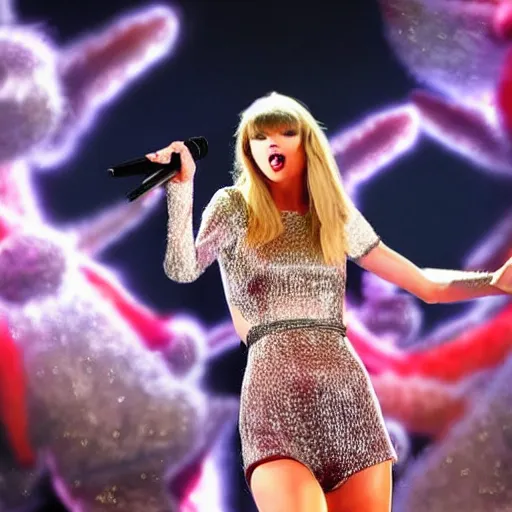 Prompt: Taylor Swift performing on stage, Martian background