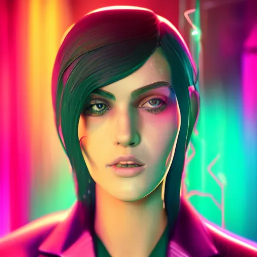 Prompt: cinematic cartoon women portrait made out of rain, pinstripe suit, short hair, cyberpunk background, rendered in octane, unreal engine, highly detailed, trending on artstation, realistic, splashes of neon, beautiful