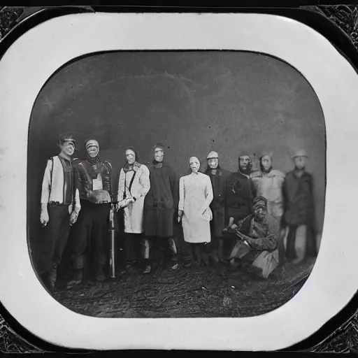 Image similar to tintype, wide angle view, scientists and soldiers show captured alien specimen